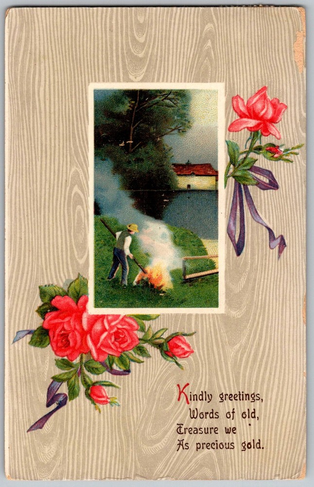 Antique Postcard Man Burning Brush Scene Portland, Oregon 1910s