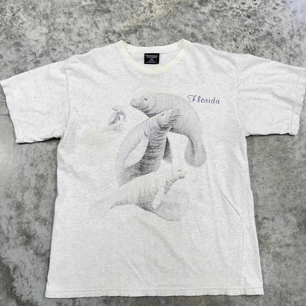Vintage Florida Manatee Shirt mens Large white all over print 90s nature animal