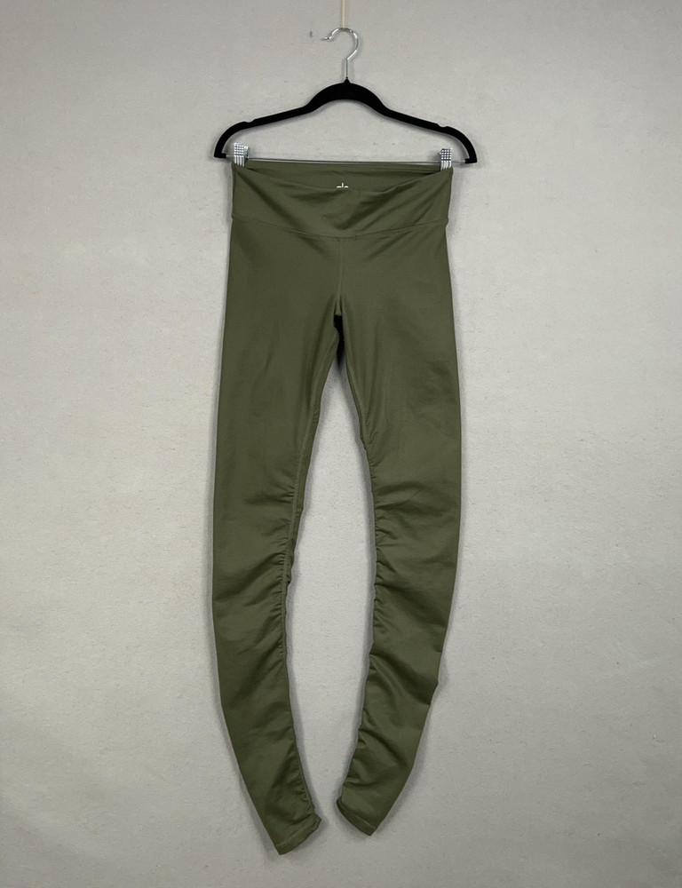 Alo Yoga Pants Womens Small Olive Green Leggings Ruched Ankle Pocket Gym Running