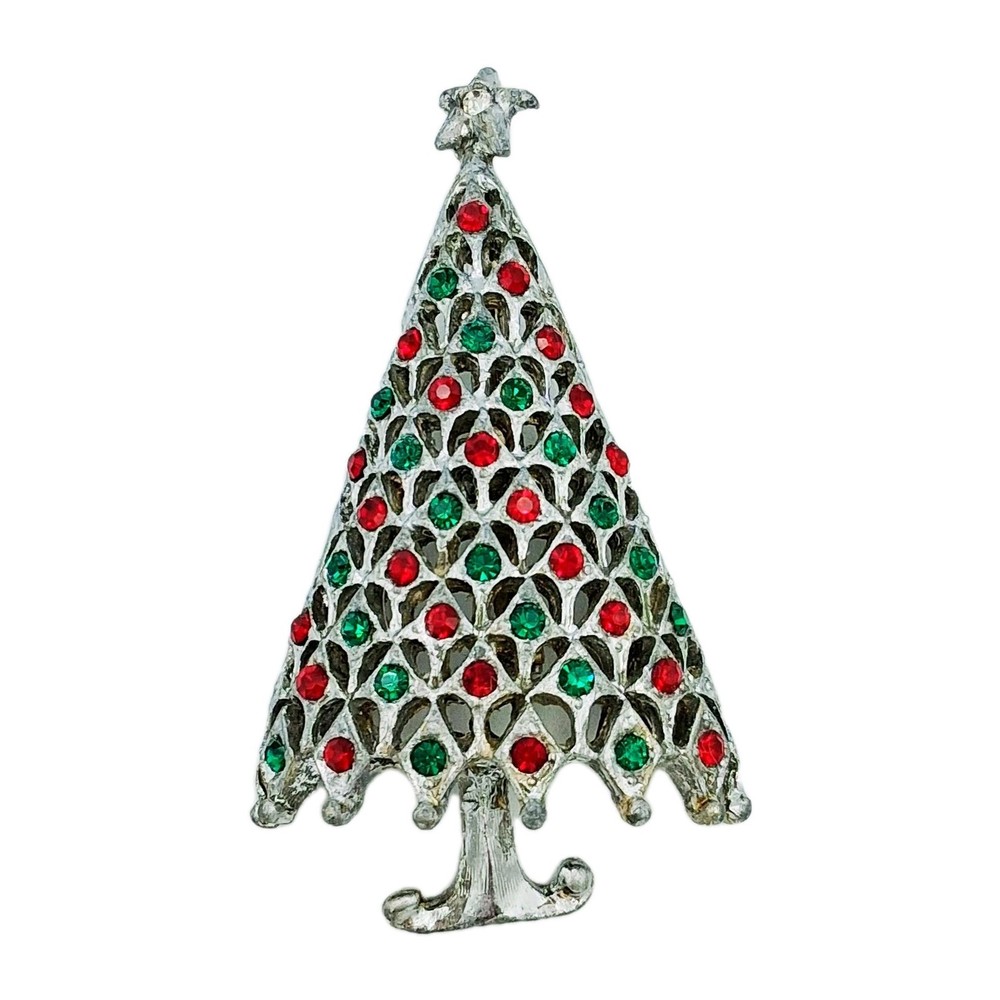 Vtg Silver Tone Rhinestone Christmas Tree Pin, Red & Green Holiday Brooch 3