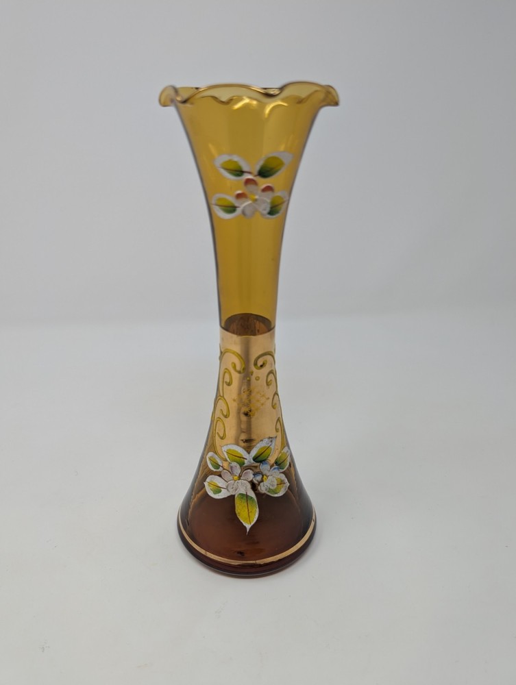 Amber Bohemian Victorian Vase Enamel Flowers Scrolls Gold Trim