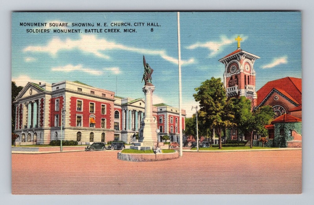 Michigan MI Battle Creek Monument Square Showing ME Church Vintage Postcard