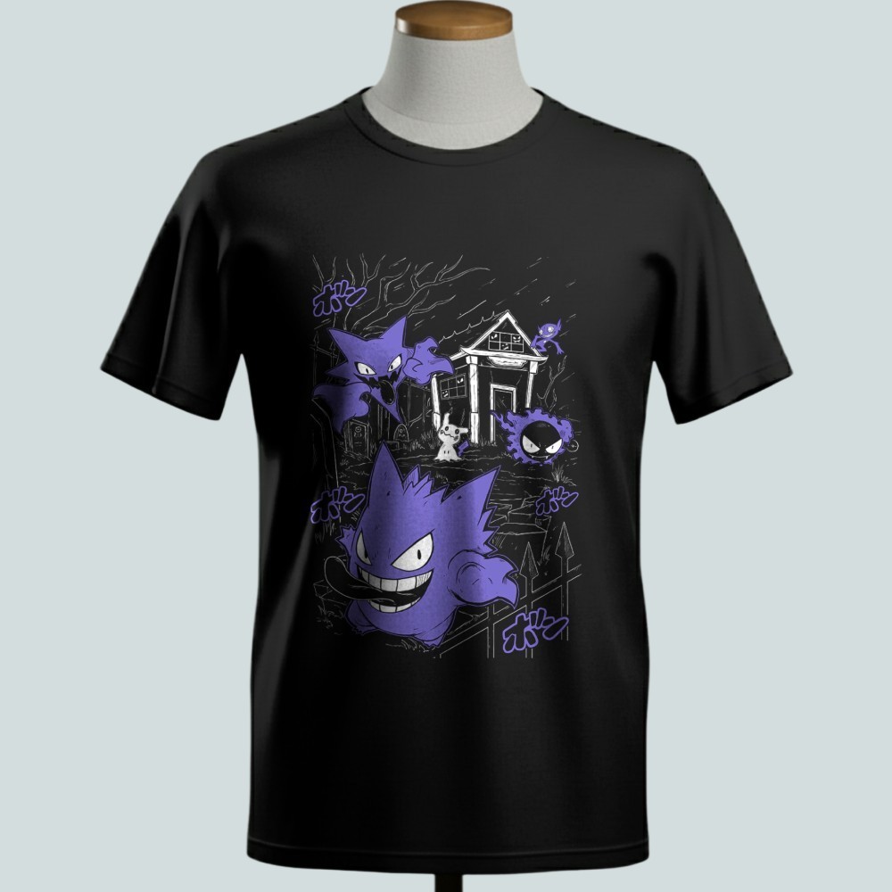 Gengar Haunter T-Shirt Pokemon Ghost Type Graphic Tee Unisex Black Cotton S-5XL