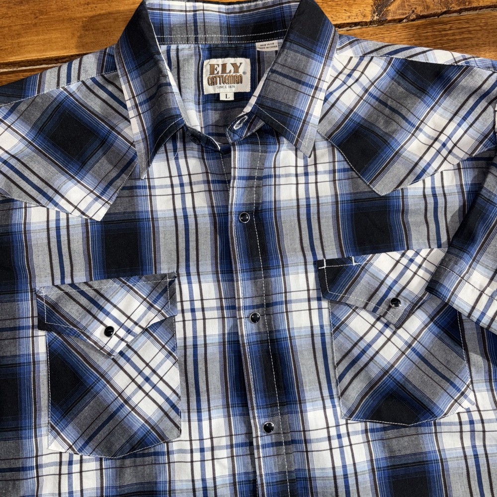 Ely Cattleman Western Pearl Snap Shirt Mens Large Blue Plaid Short Sleeve Yoke