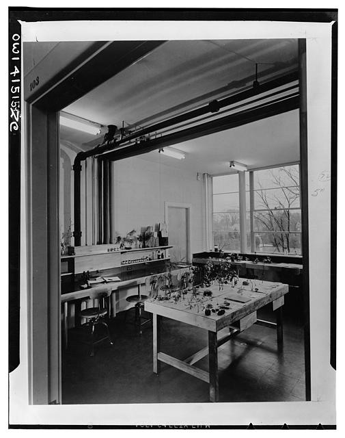 Photo:1940s Laboratory Interior Science Classroom Worktables Windows