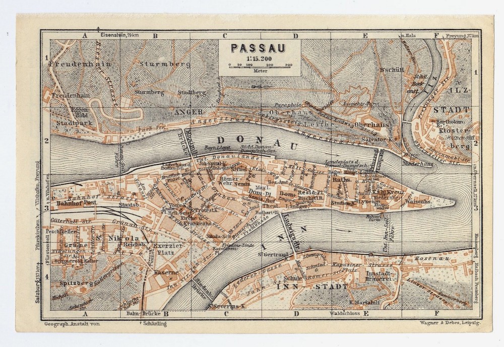 1929 Vintage Map Of Passau / Bavaria Germany