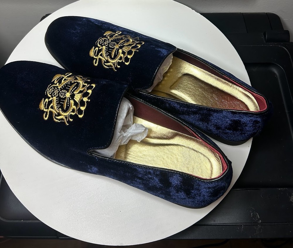 Men's Crushed Blue Velvet Loafers Slip On Shoes Slippers Flats Crown & Bee
