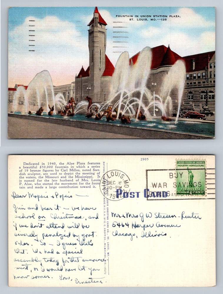 St Louis, MO-Missouri, Union Station Fountain Aloe Plaza Vintage c1942 Postcard
