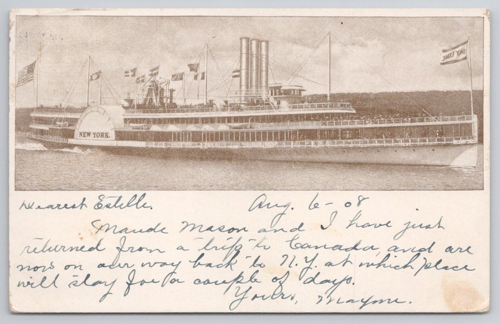 Steamboat NEW YORK Hudson River Day Line 1908 Postcard Yonkers NY