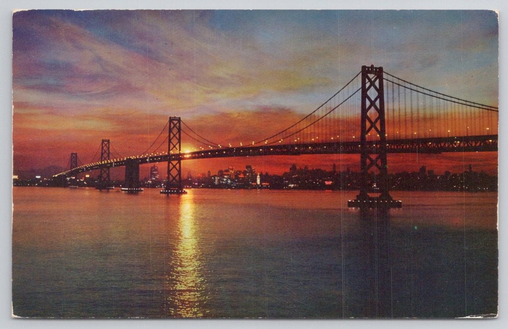 Vintage 1959 San Francisco Bay Bridge Sunset Postcard, Berkeley CA Postmark