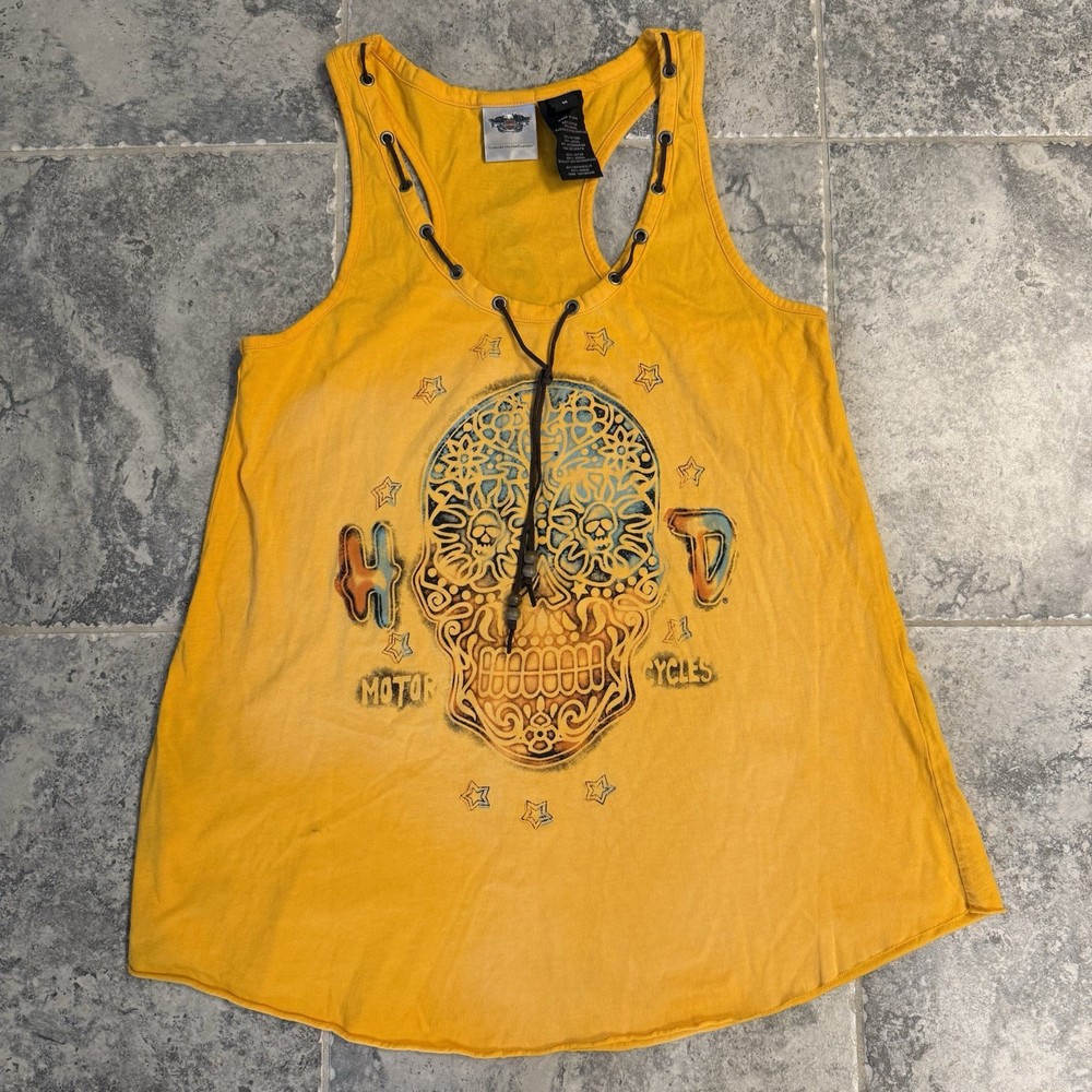 Harley Davidson Women’s Yellow Skull Biker Tank Top Size Medium
