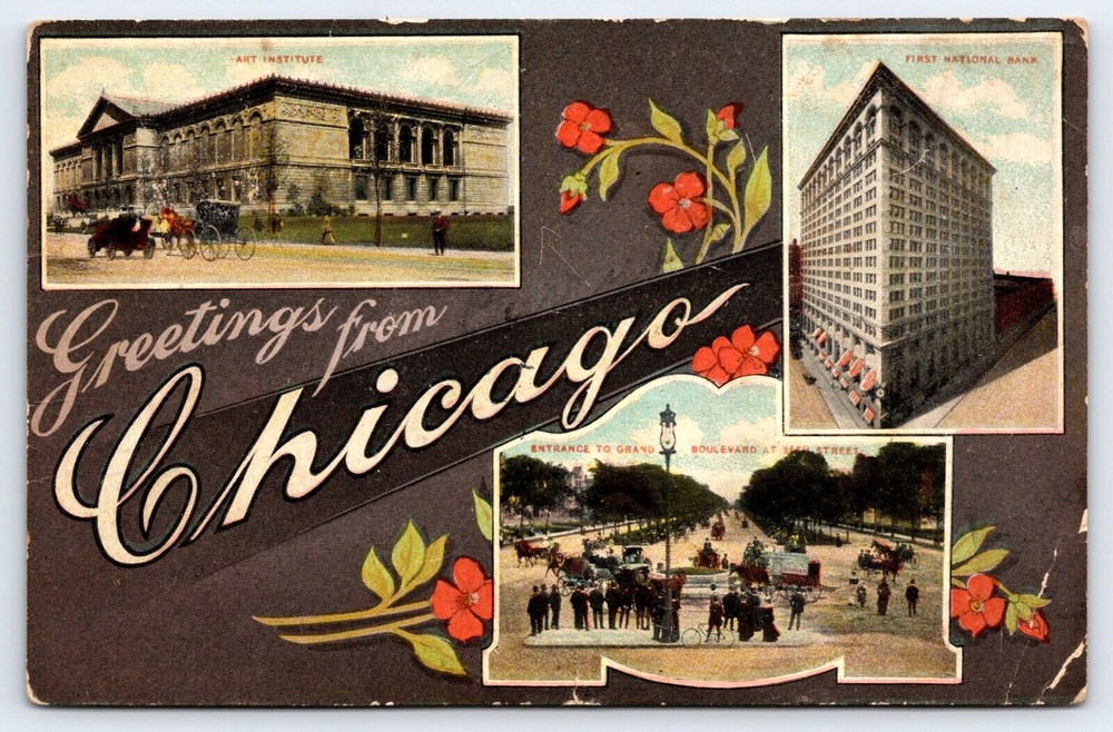 Chicago Illinois Greetings Art Institute Bank Building Flowers Vintage Postcard