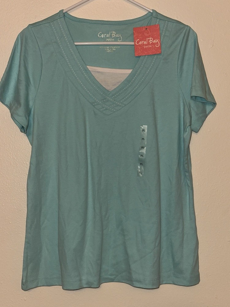 Coral Bay Blue Cotton Polyester V-Neck Short Sleeve T-Shirt Petite PL