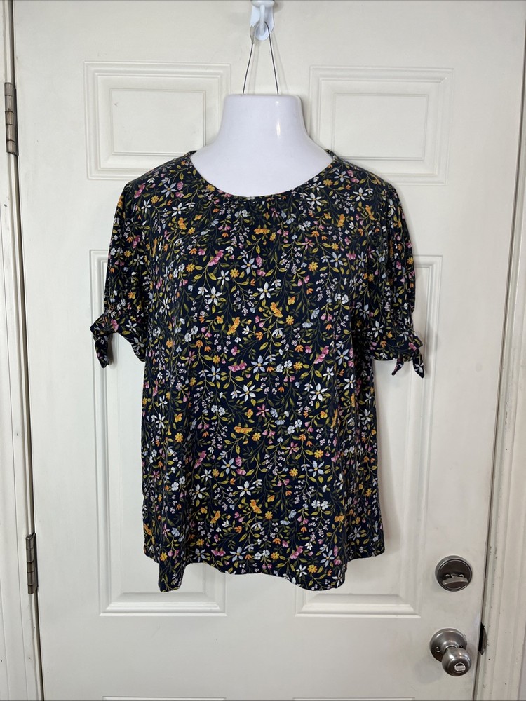 Loft Women’s Size L Short Sleeve with Ties Knit Top Navy Blue Floral 100% Cotton