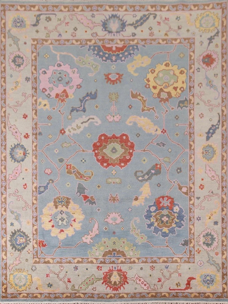 Hand Knotted Oushak Rug Light Blue Pink Colorful Turkish Wool Area Rug