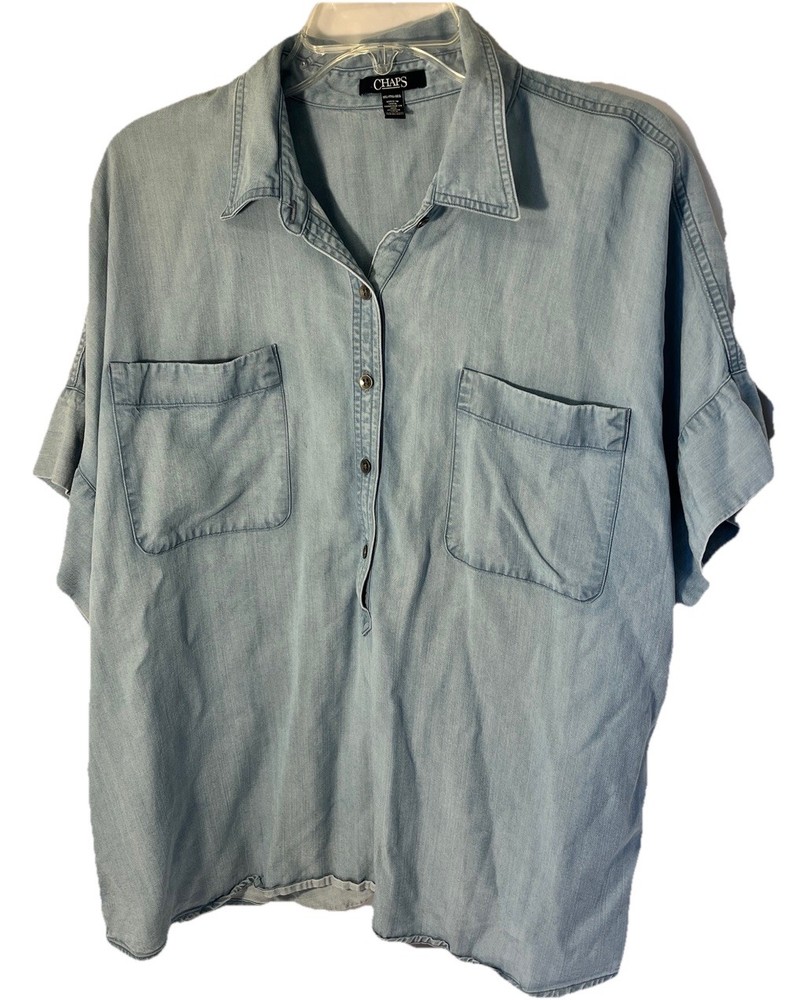 Chaps Denim Womens Shirt Large Blue Chambray 1/2 Button Sz XXL 2 Pockets Lyocell