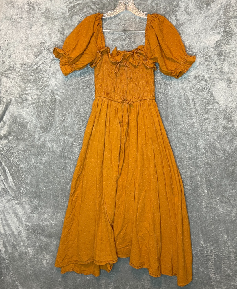 Womens Cottagecore Feminine Smocked Puff Sleeve Clip Dot Midi Maxi Dress L Rust