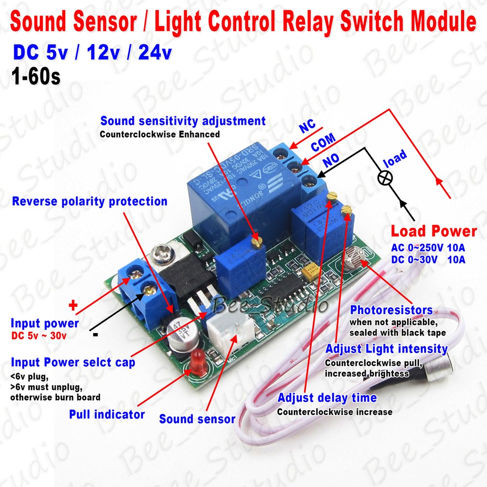 DC 5V 12V 24V Sound Sensor Light Control Relay Switch Time Delay Turn OFF Module