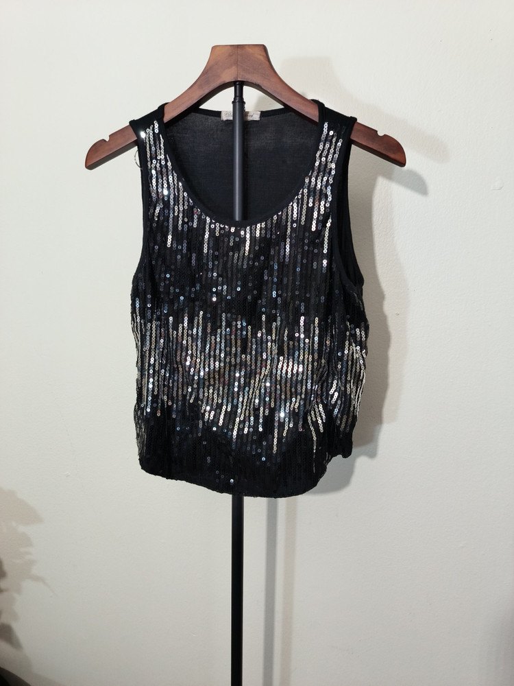 Diva Apparel Women's M/L Black Silver Sequin Mesh Scoop Neck Sleeveless Tank