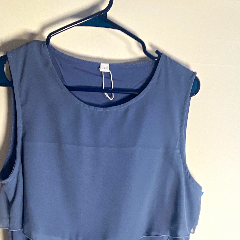 Blue Solid Layered Shift Dress Scoop Neck Sleeveless Knee Length Women’s L