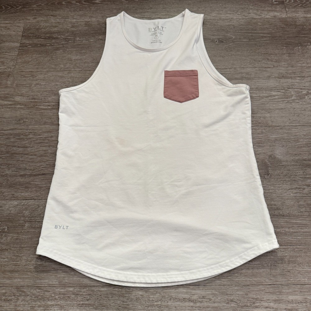BYLT Shirt Mens Large White Lux Drop Cut Tank Top Pocket Gym Workout Active