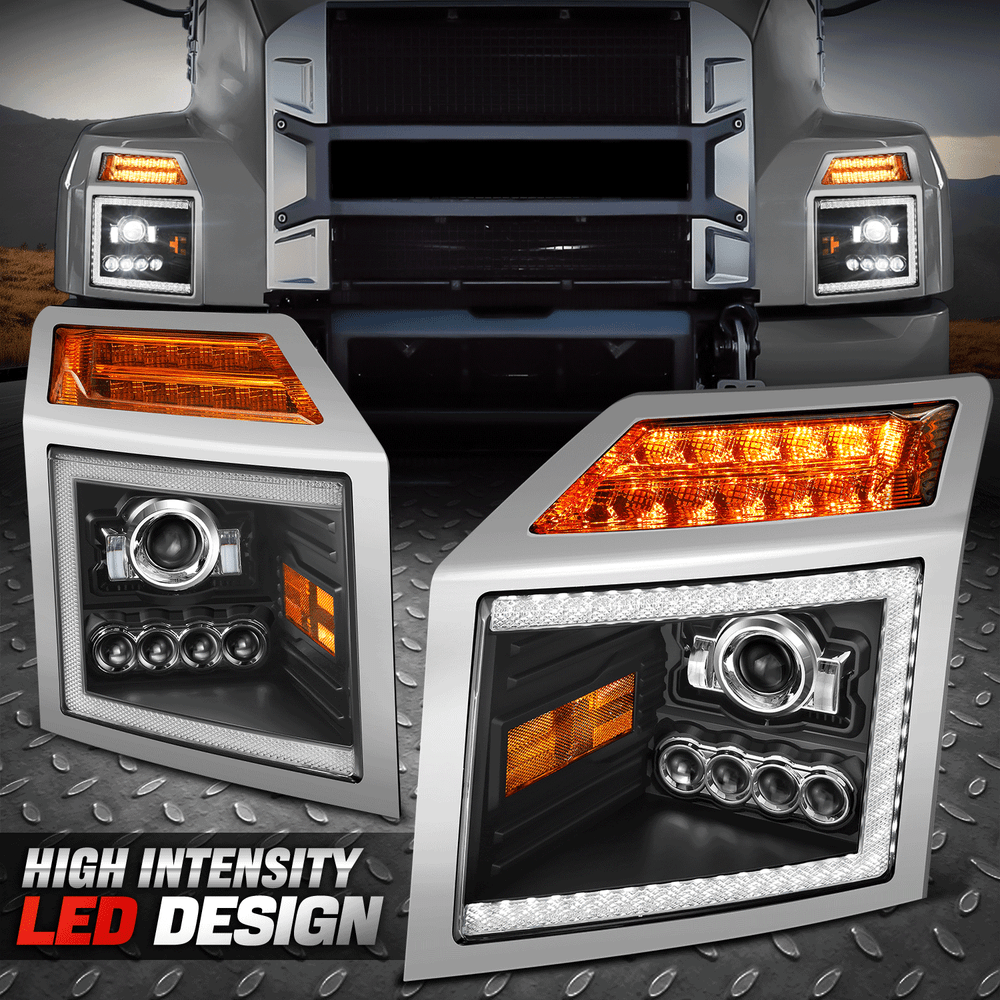 L+R LED Projector Welcome Sequential Black Amber Headlight for 18-25 Mack Anthem