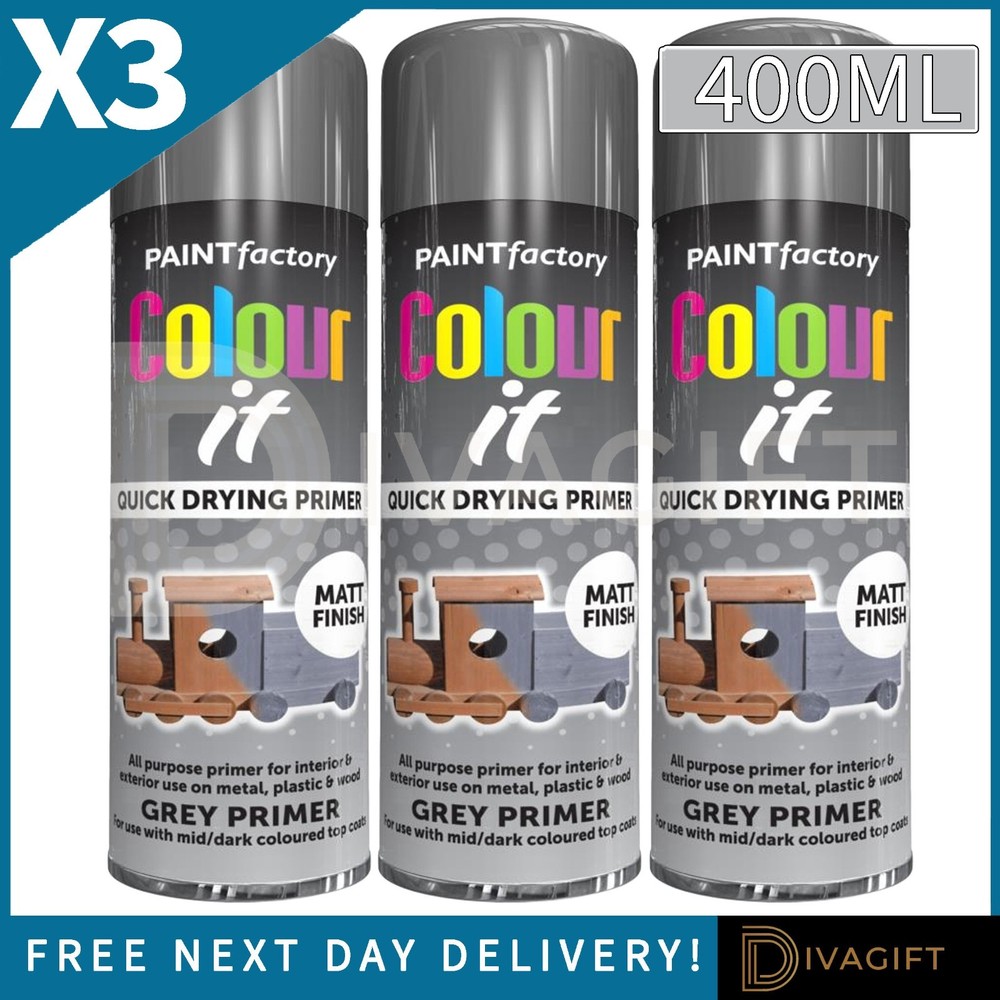 3 x GREY PRIMER MATT FINISH AEROSOL SPRAY PAINT 400ML FOR METAL WOOD PLASTIC NEW