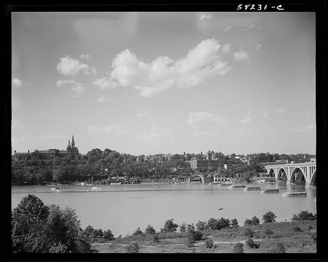 Photo:Washington DC Potomac River Georgetown Aqueduct Bridge 1930s Skyline