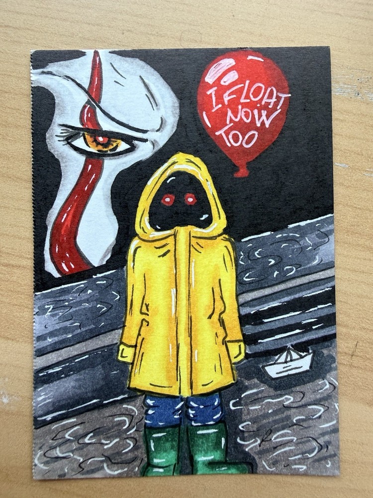 ACEO Original Pennywise, Stephen King, It, Horror, Clown “I Float Now Too”