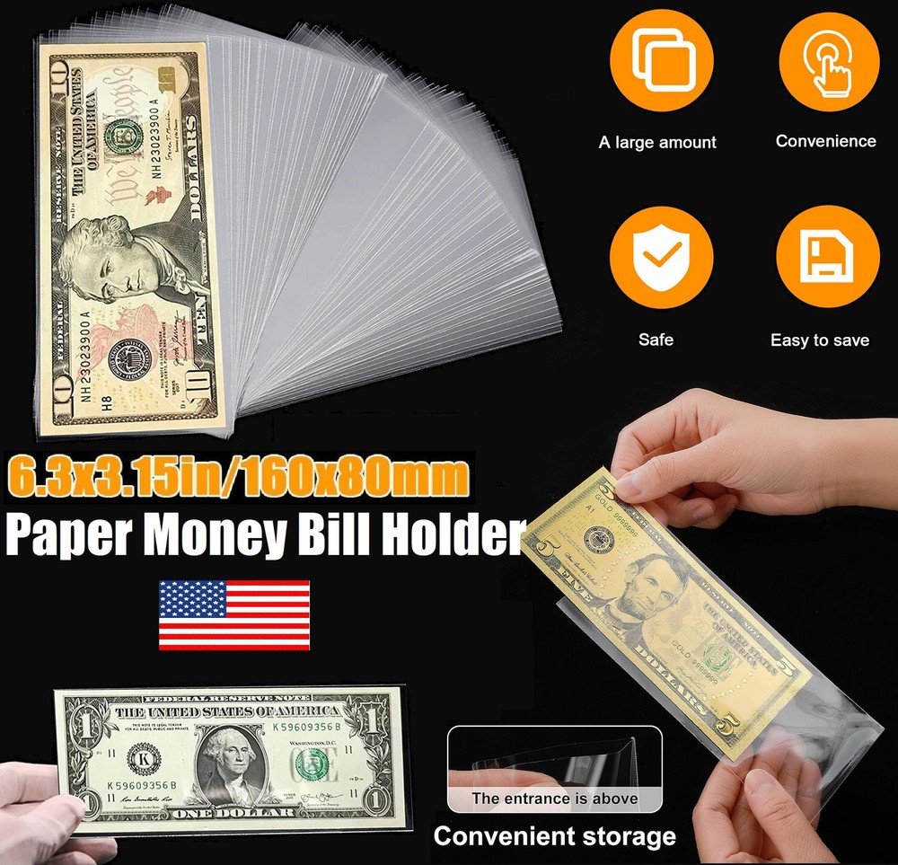 200× Currency Sleeves Paper Money Bill Holder Banknote Storage Protector Case US