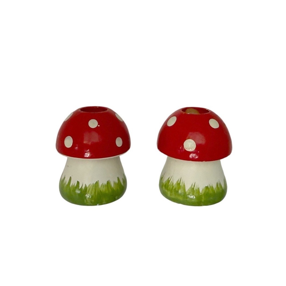 Vintage Hand Painted Wooden Mushroom Swedish Candle Holders Red White Polka Dot