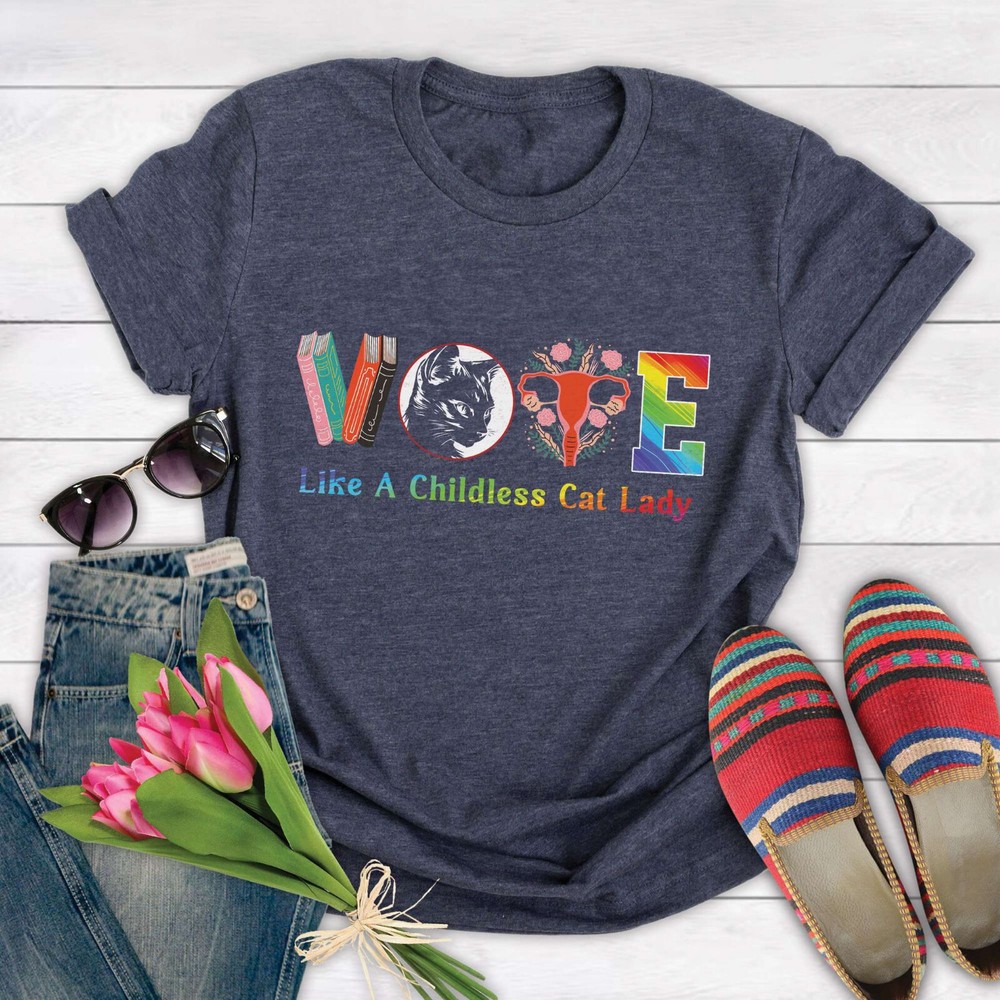 Vote Like A Childless Cat Lady Voting Kamala T-Shirt, Banned Book Feminist Cat