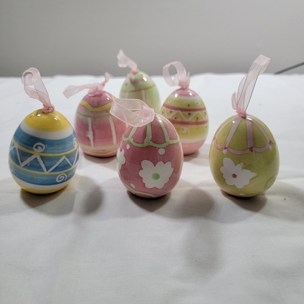 Set of (6) Pastel Colorful Ceramic Easter Egg Ornaments Decor Basket Fill