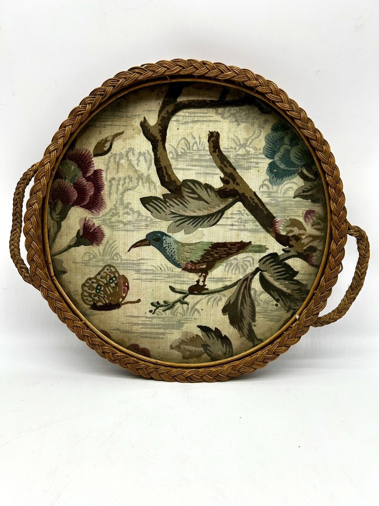 Wicker Rattan Glass Serving Tray Bird Butterfly Victorian Hobo Bohemian Handmade