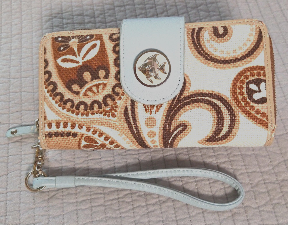 Spartina 449 Daufuskie Isl. Linen Leather Zip Around Wristlet Wallet Brwn Floral