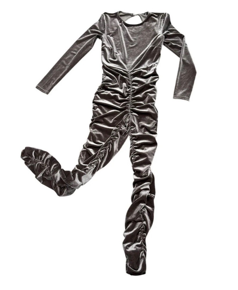 Fashion Nova Velvet Gray Ruched Long Sleeve Jumpsuit