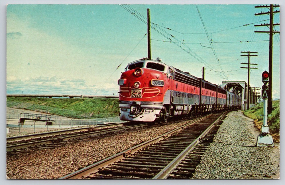Transport~Train~Marysville CA~California Zephyr~West Pacific FP7~1950s Postcard