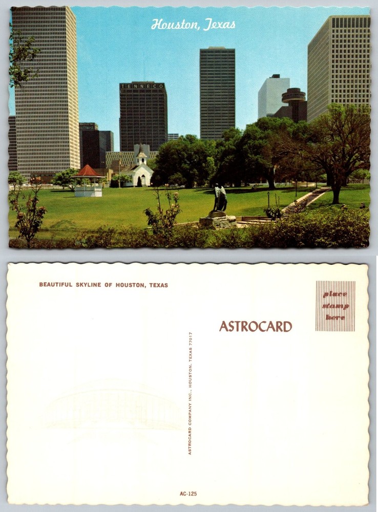 Houston Texas Vintage Postcard Downtown Skyline Tenneco Building Park