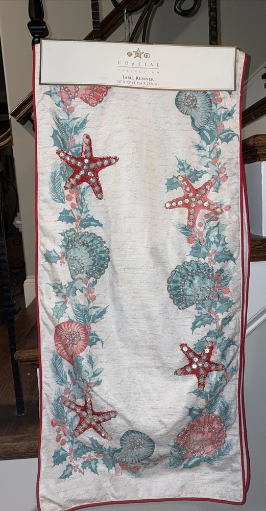 Coastal accent Hand beaded Fabric Table  runner  CHRISTMAS SHELLS  16 x 72-image