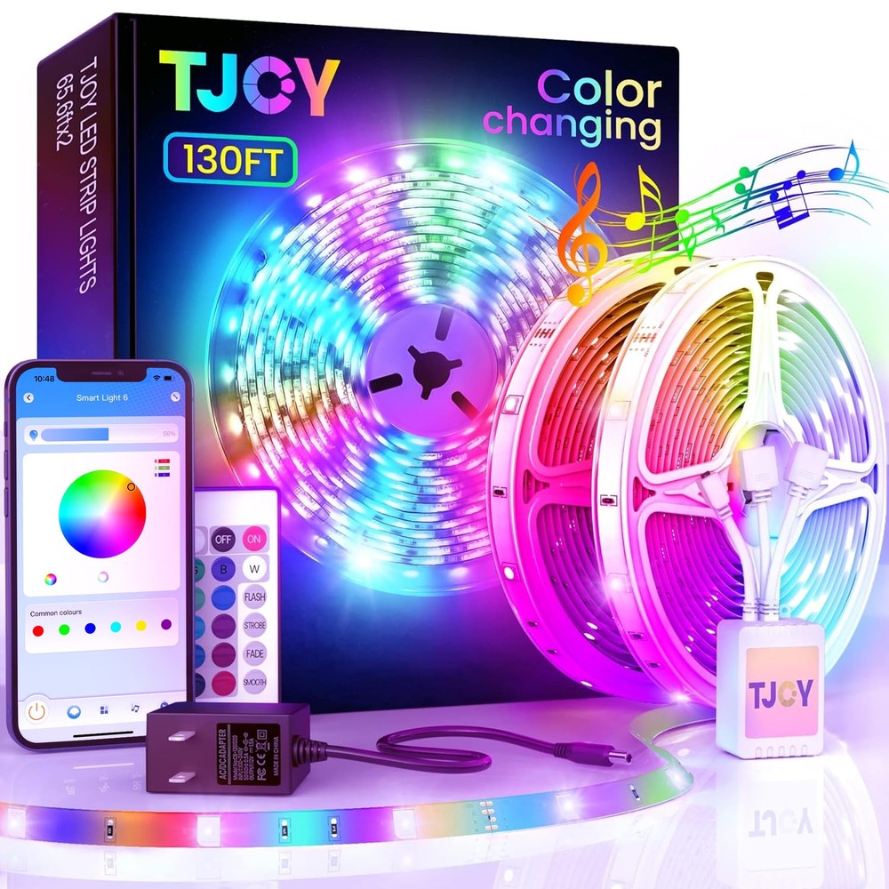 130ft Bluetooth LED Strip Lights, RGB Color Changing, Music Sync, App Control...