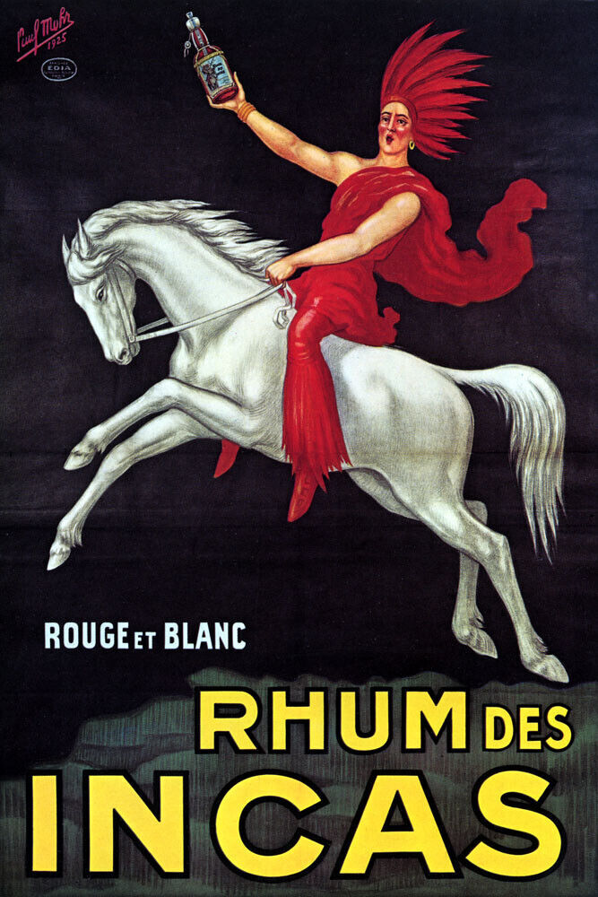 RED WHITE RHUM DES INCAS RIDING WHITE HORSE DRINK FRENCH VINTAGE POSTER REPRO