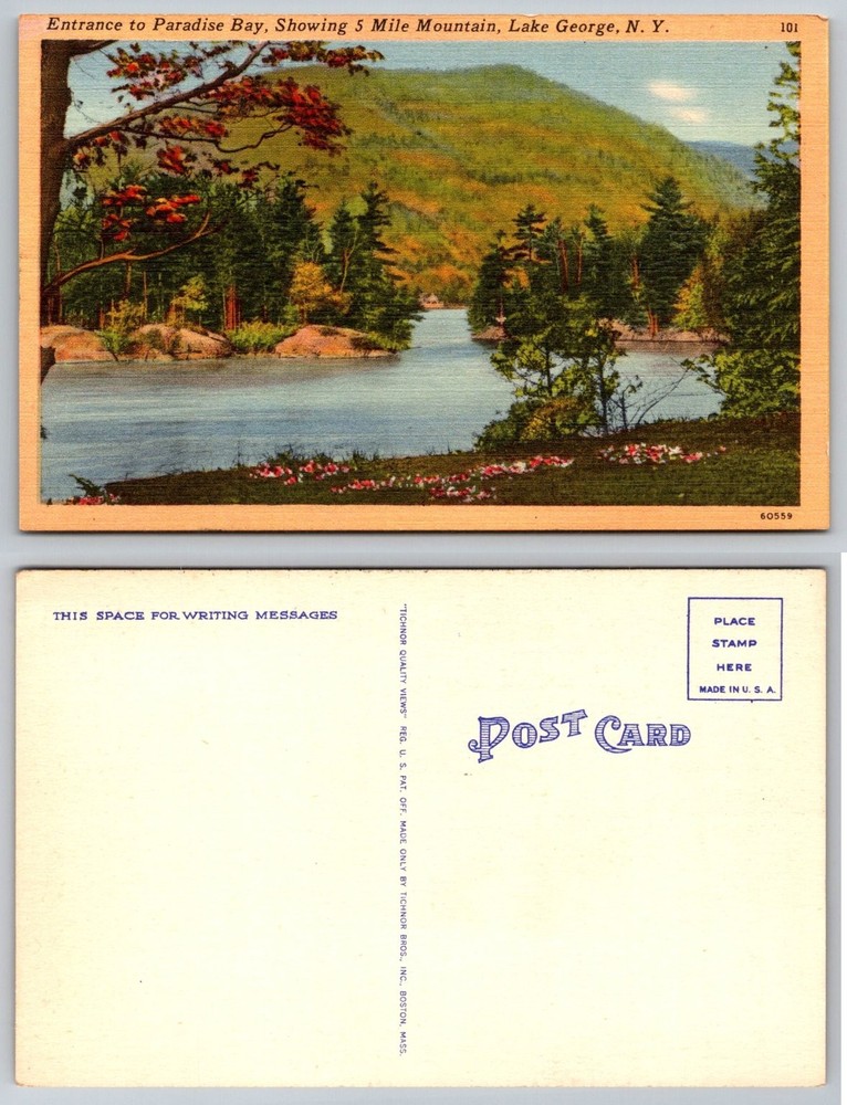 Paradise Bay Lake George NY 5 Mile Mountain Tichnor Linen Postcard