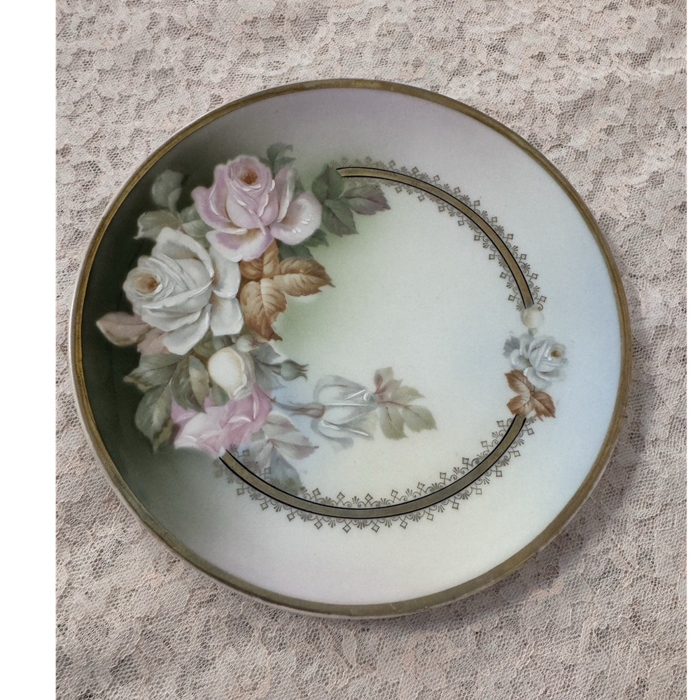 Vintage Bavaria Germany Porcelain Plate Hand Painted Roses Gold Rim 7.5”