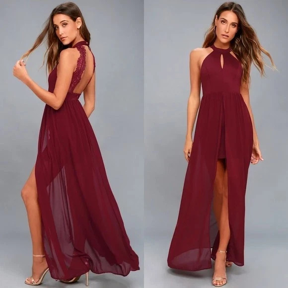 Lulu's Size xs My Beloved Burgundy Red Lace Maxi Dress Slit Wedding Formal