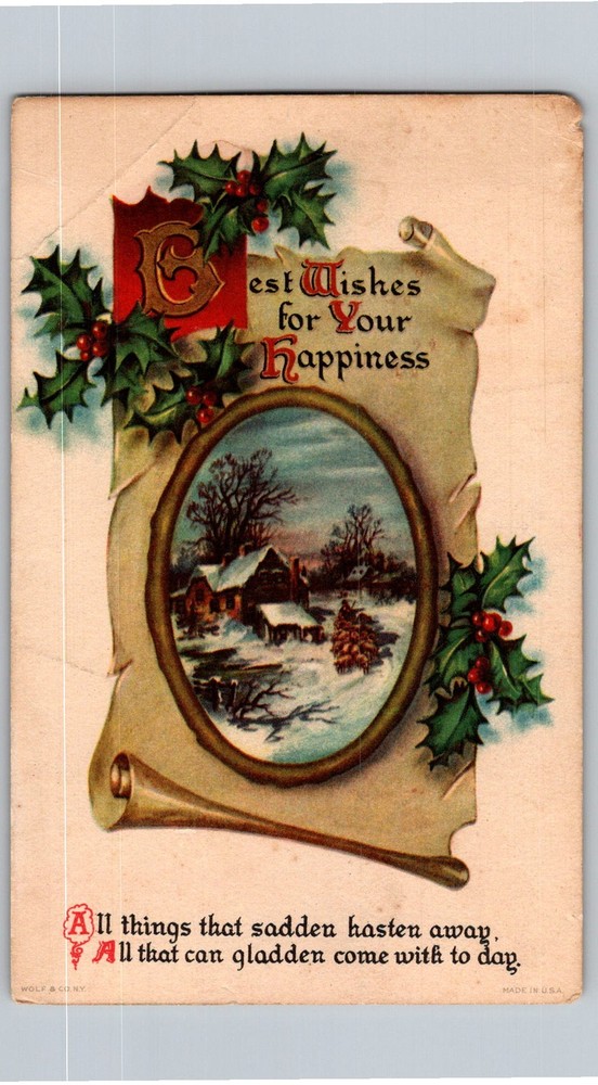 Antique Postcard Snowy Village Winter Scene 1910s