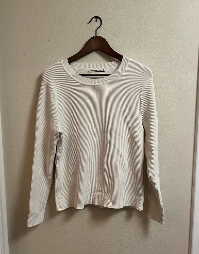 Abercrombie & Fitch Womens Ivory Cream Ribbed Long Sleeve Stretch Top Size XL
