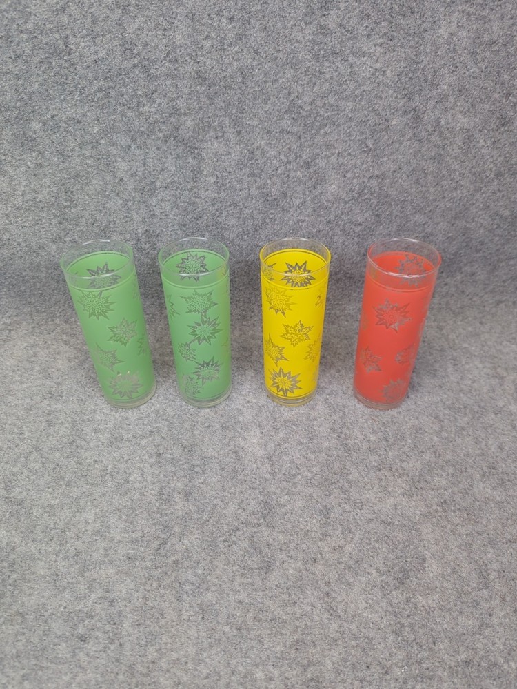 Vintage Federal Drinking Highball 4 Glass Set Starburst 1 Yellow, 1 Red, 2 Green