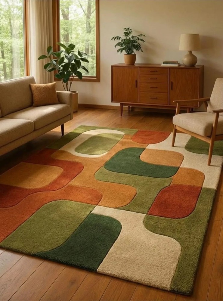Modern Hand Tufted Rug, Retro Abstract Wool Area Rug, Boho Geometric Carpet.