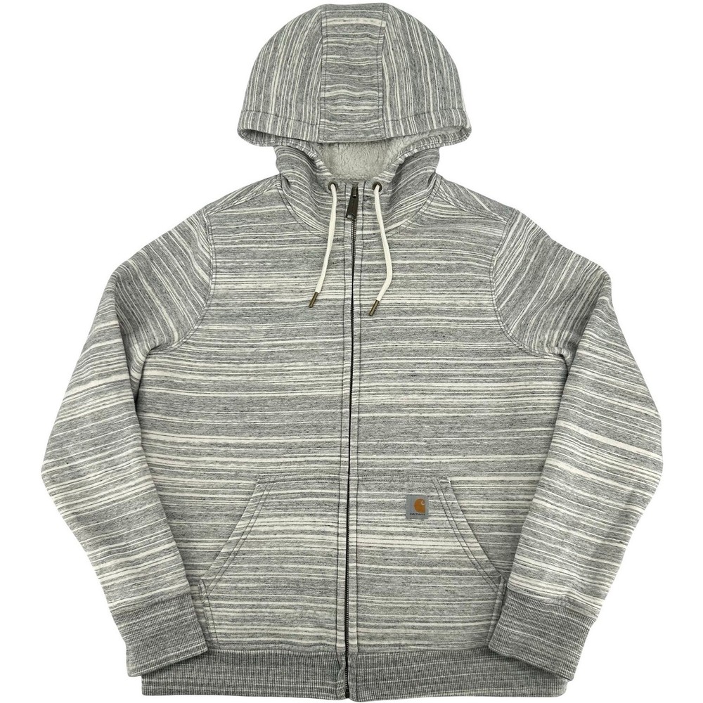 Women's Grey Striped Carhartt Clarksburg Sherpa Lined Zip Hoodie Sweatshirt sz M