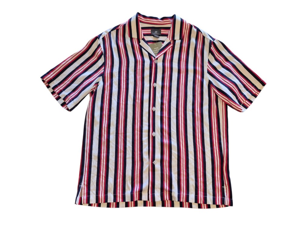 H&M Relaxed Fit  Viscose Button Up Shirt Men's Size Small Red White Blue NWT